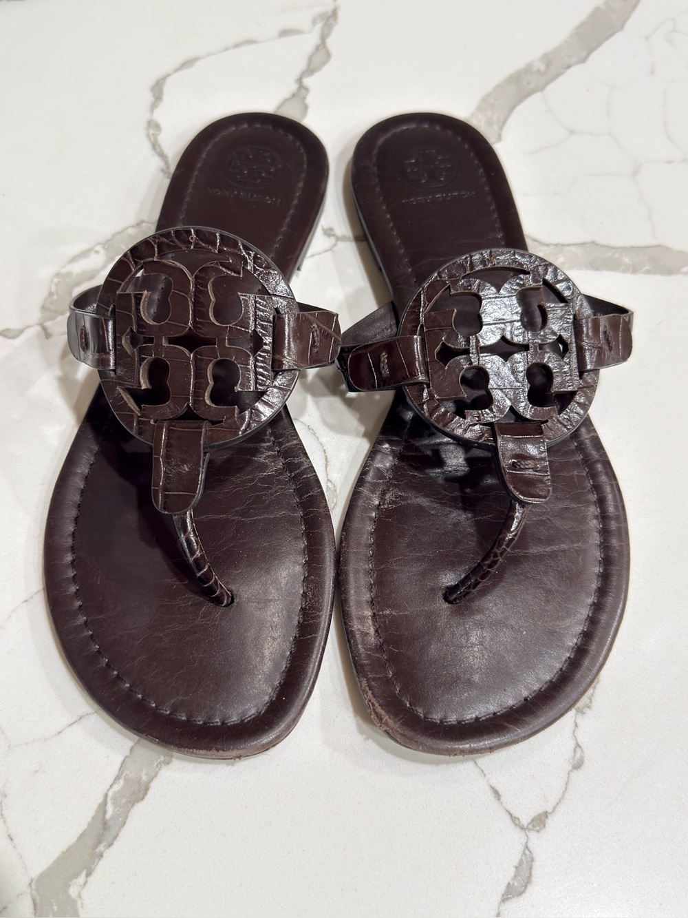Tory Burch Miller Croc-Embossed Thong Sandals.